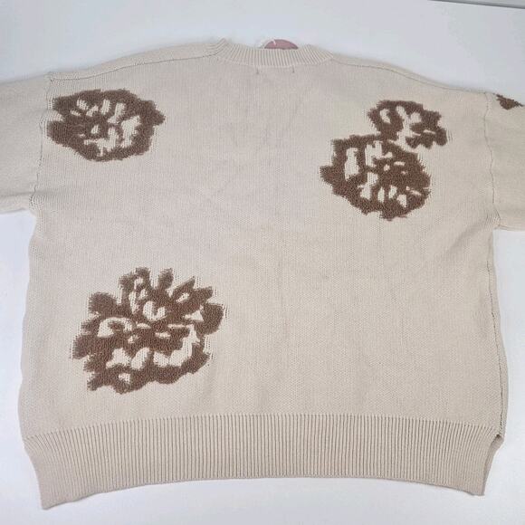NWT Intarsia Floral Knitted Oversized Sweater Large Cream Brown Flowers - Picture 7 of 8